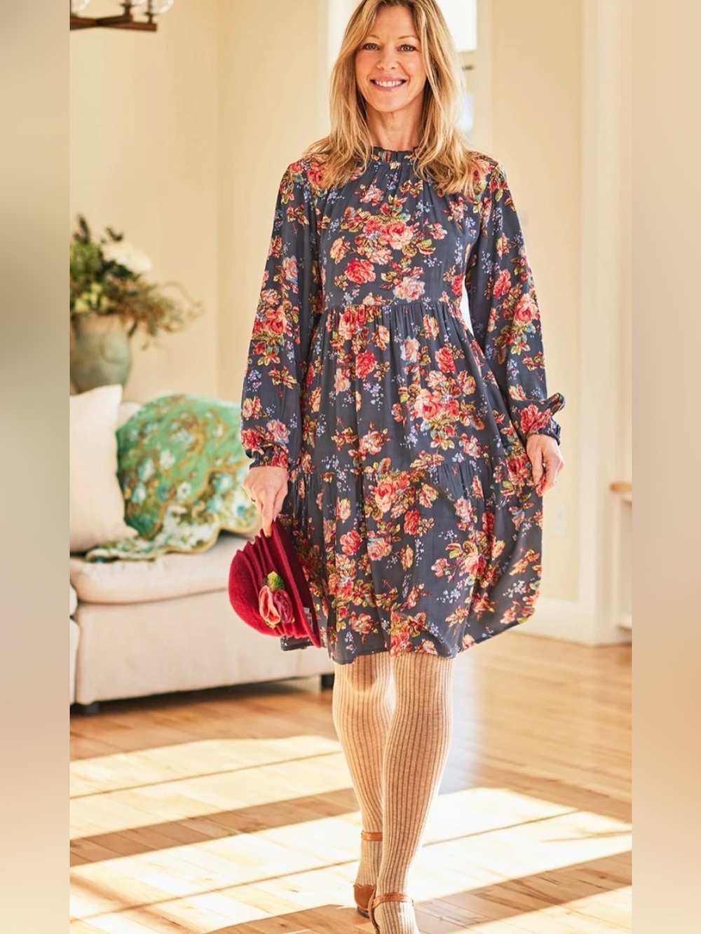 April Cornell Victorian Rose Floral Ruffle Neck Dress Size L